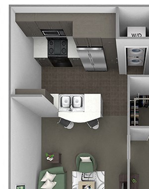 Foothills at Old Town - A1 (Verbena) - 1 bedroom and 1 bath - 3D floor plan Foothills at Old Town - A1 (Verbena) - 1 bedroom and 1 bath - 3D floor plan