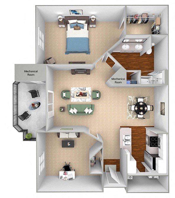 The Commons - A2 - Aberdeen - 1 bedroom - 1 bath - 3D floor plan The Commons - A2 - Aberdeen - 1 bedroom - 1 bath - 3D floor plan