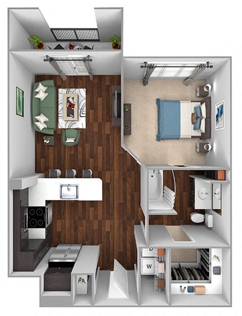 A2 - 1bed1bath - 769 sf - Debbie Lane Flats - 3D Floor Plan