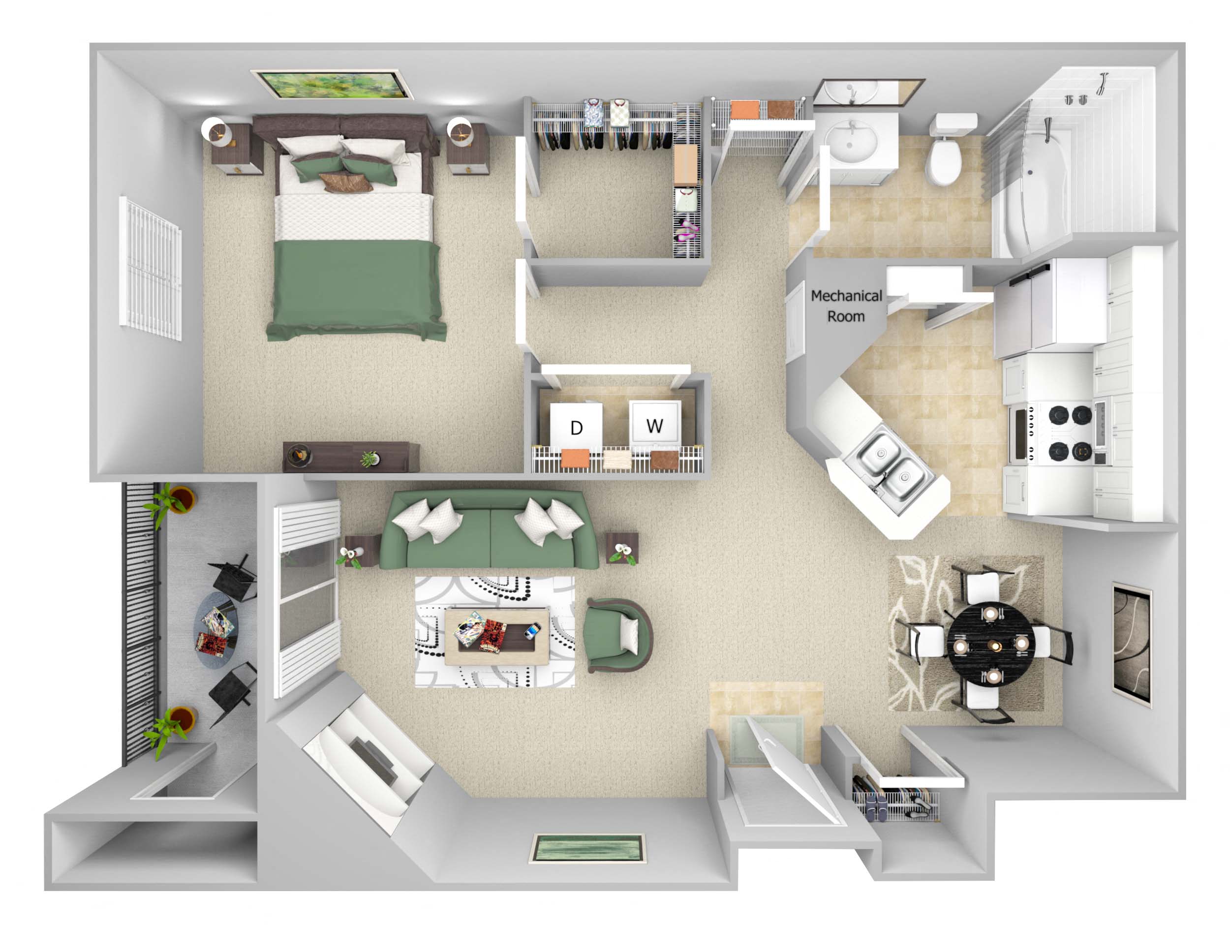 Lantern Woods - A3 - The Lighthouse - 1 bedroom - 1 bath - 3D floor plan