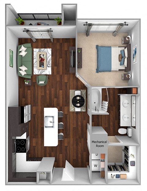A4 - 1bed1bath - 866 sf - Debbie Lane Flats - 3D Floor Plan