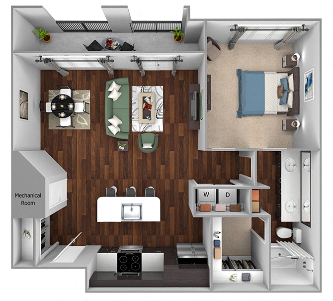 A5 - 1bed1bath - 895 sf - Debbie Lane Flats - 3D Floor Plan