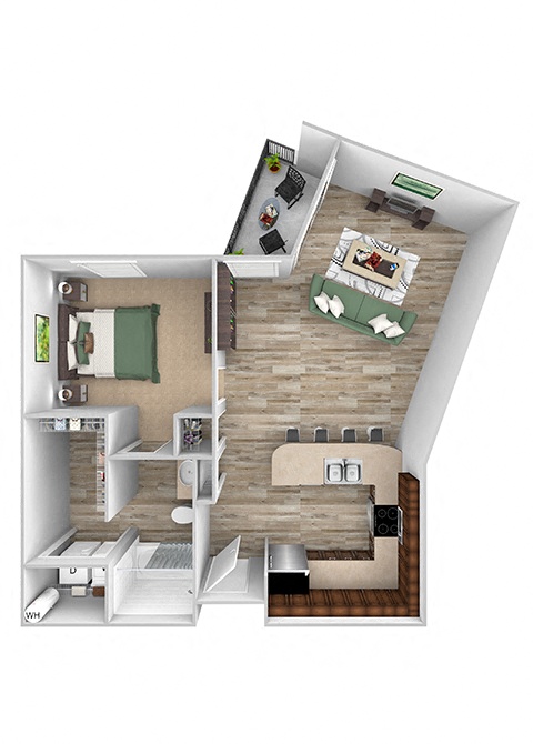 ABQ Uptown Apartments - A7 - 1 bedroom and 1 bath - 3D floor plan