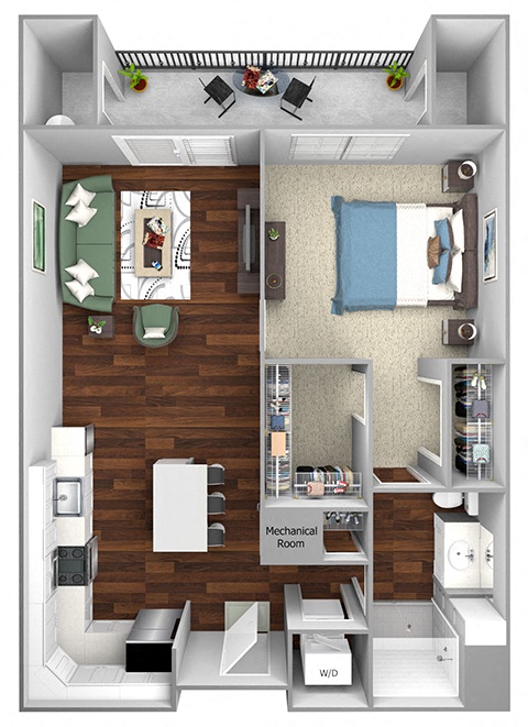 A7 - 1 Bed - 1 Bath - The Airdrie at Paoli Station - 3D Floor Plan