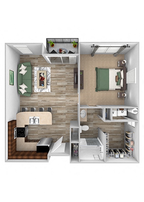 ABQ Uptown Apartments - A8 - 1 bedroom and 1 bath - 3D floor plan