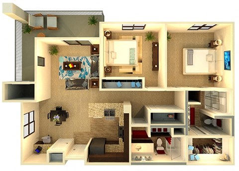 Almeria at Ocotillo B3 - floor plan - 2 bedroom 2 bath - 3D