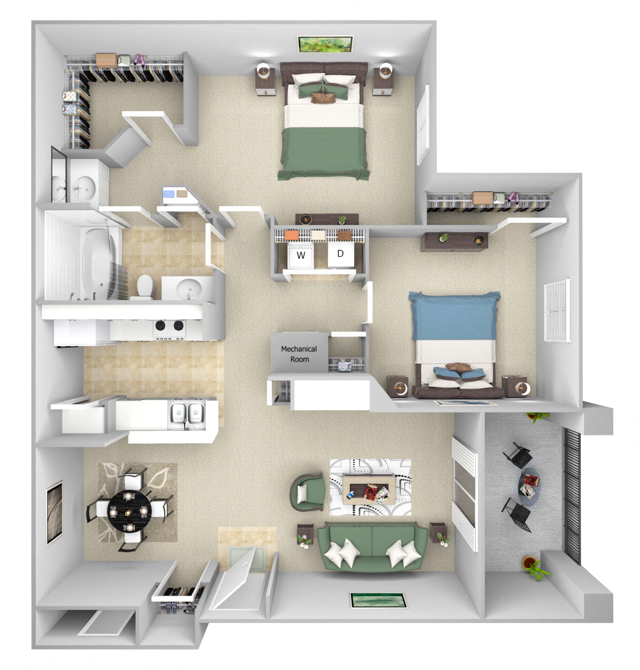 Lantern Woods - B1 - The Delaware - 2 bedroom - 2 bath - 3D floor plan