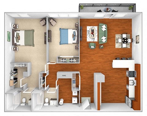 Harbor Hill Apartments - B13 - 2 bed 2 bath - 3D