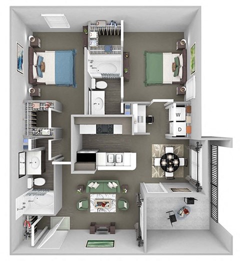 Lodge at Cypresswood - B1 - 2 bedrooms - 2 bath - 3D floor plan