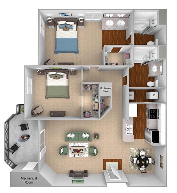 The Commons - B1 - Brighton - 2 bedroom - 2 bath - 3D Floor Plan The Commons - B1 - Brighton - 2 bedroom - 2 bath - 3D Floor Plan
