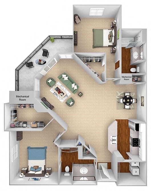 The Commons - B2 - Cambridge - 2 bedroom - 2 bath - 3D floor plan The Commons - B2 - Cambridge - 2 bedroom - 2 bath - 3D floor plan