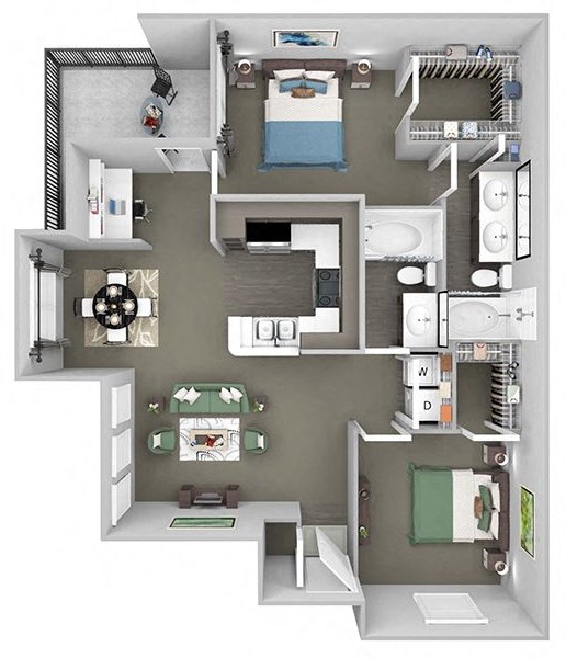 Lodge at Cypresswood - B3 - 2 bedrooms - 2 bath - 3D floor plan Lodge at Cypresswood - B3 - 2 bedrooms - 2 bath - 3D floor plan