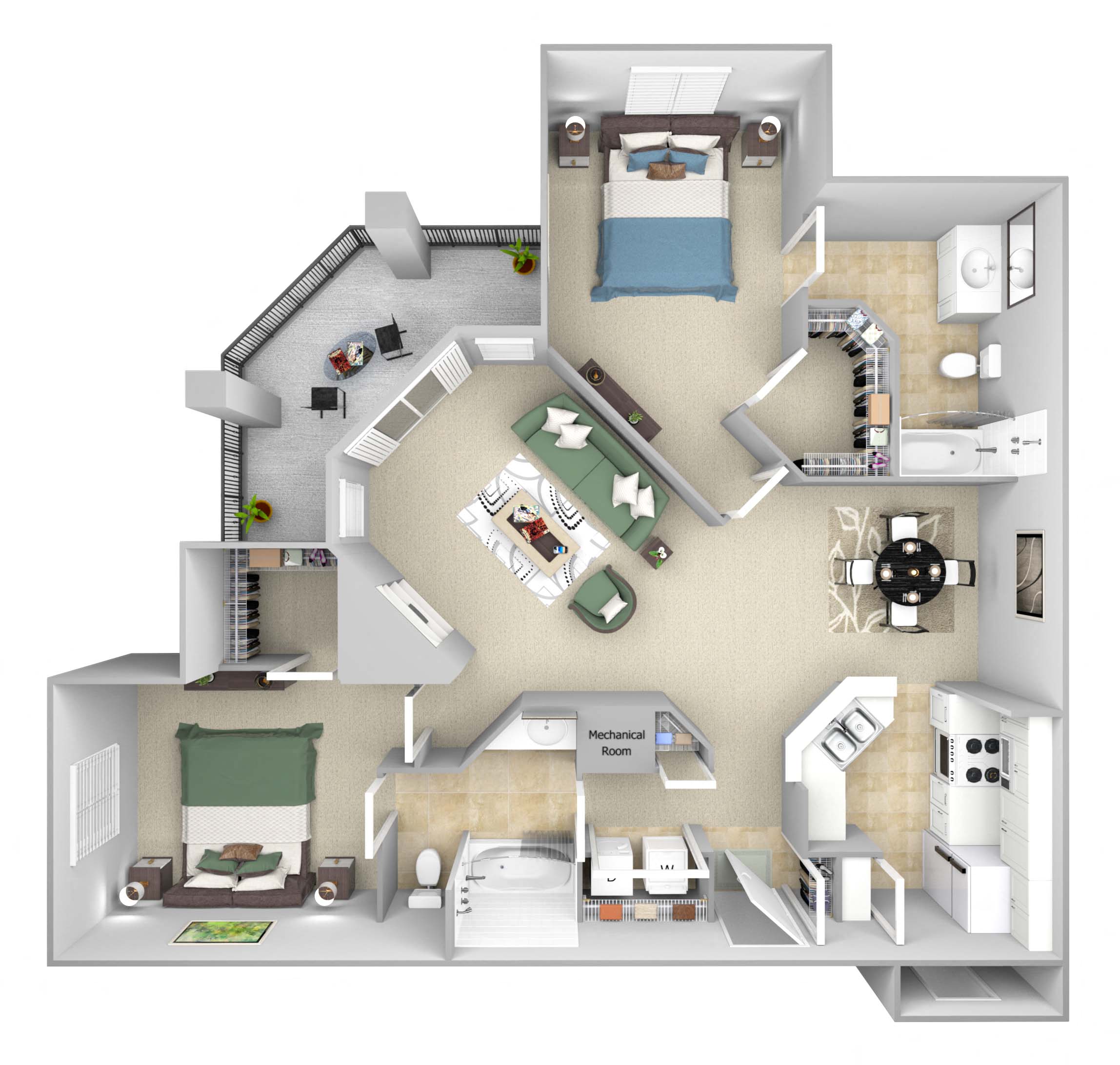 Lantern Woods - B4 - The Colonial - 2 bedroom - 2 bath - 3D floor plan