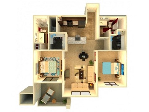 Almeria at Ocotillo B6.1 floor plan - 2 bedroom 2 bath - 3D
