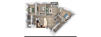 C1 floor plan - 3 bedroom - 2 bath - 1385 Sq Ft - ABQ Uptown Apartments - 3D floor plan