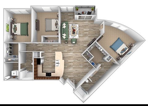 C1 floor plan - 3 bedroom - 2 bath - 1385 Sq Ft - ABQ Uptown Apartments - 3D floor plan