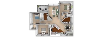 Mountain Shadows Apartments - C1 (Corsica) - 3 Bedroom and 2 bath - 3D Floor plan
