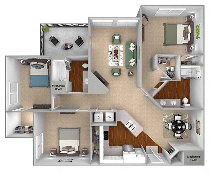 The Commons - C1 - Dorchester - 3 bedroom - 2 baths - 3D floor plan The Commons - C1 - Dorchester - 3 bedroom - 2 baths - 3D floor plan