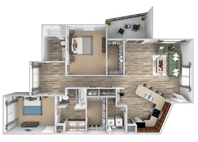 C2 floor plan - 3 bedroom - 2 bath - 1385 Sq Ft - ABQ Uptown Apartments - 3D floor plan