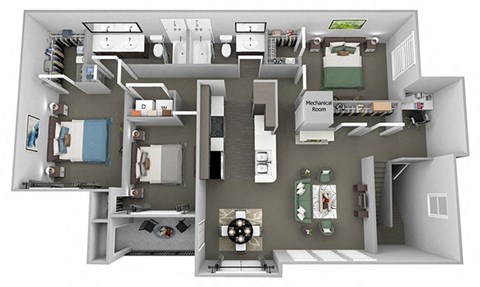 Weston Point - C2 - 3 bed - 2 bath - 3D floor plan