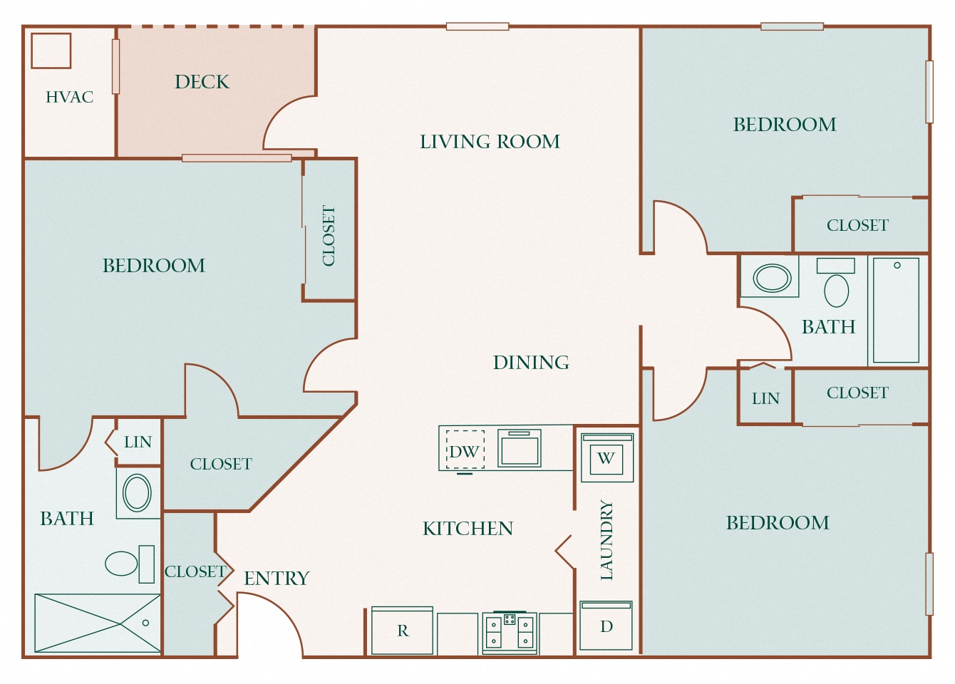Hampshire Green Apartments - C2 Dunmore - 3bed2bath - 2D floor plan