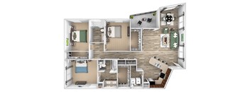 ABQ Uptown Apartments - C3 - 3 bedroom and 2 bath - 3D floor plan