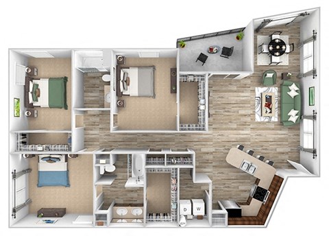 ABQ Uptown Apartments - C3 - 3 bedroom and 2 bath - 3D floor plan