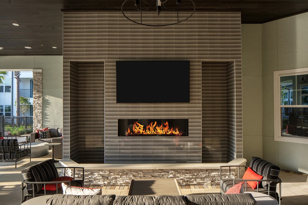 Drift Town Center East outdoor fireplace and seating area