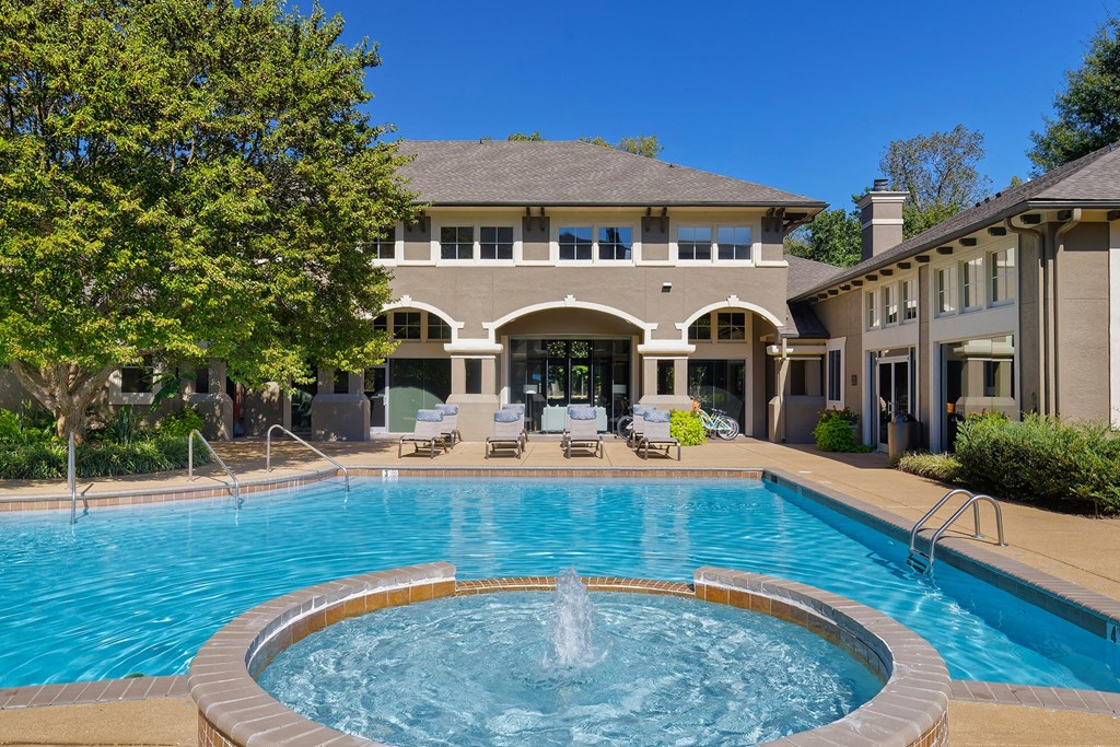 The Estates at River Pointe resort-style pool area with heated spa