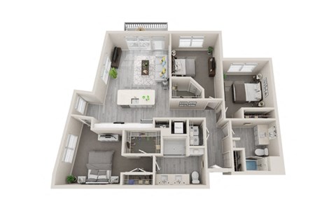 C1 - Version 2 - 3Bed 2Bath - Rockwell at Crown - 3D Floor Plan