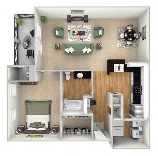 Island Park - A1a - 1 bedroom and 1 bath - 3D