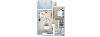 A2 - Mandarin - 1bed 1 bath - 789 sq ft - 3D Floor Plan