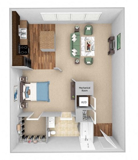 Parc at Grandview floor plan A1 Studio - 0 bed 1 bath - 3D