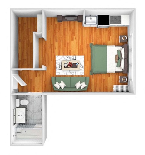 John Winthrop A1 floor plan studio 1 bath 3D