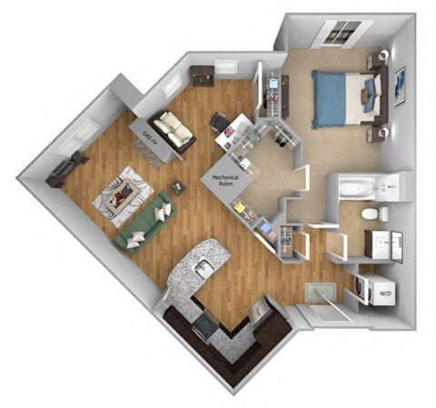 Urban Green Apartments A10 floor plan - 1 bed 1 bath - 3D
