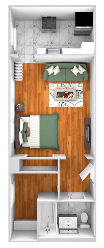John Winthrop A13 floor plan studio 1 bath 3D