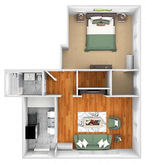 John Winthrop A14 floor plan 1 bedroom 1 bath 3D