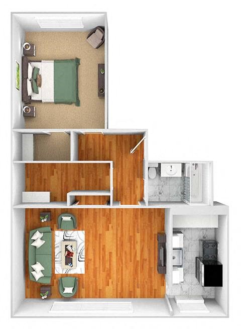 John Winthrop A15 floor plan 1 bed 1 bath 3D