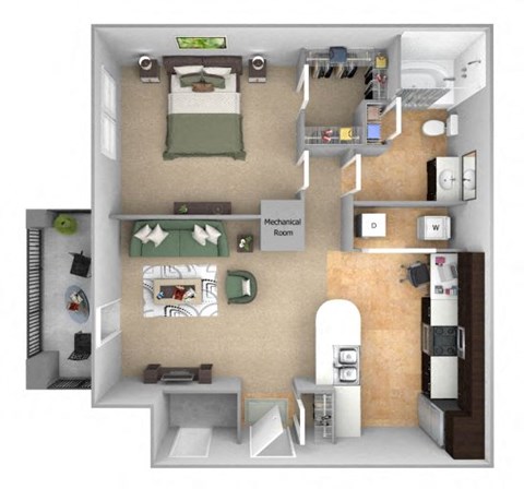 DeLayne at Twin Creeks A1 floor plan - 1 bed 1 bath - 3D