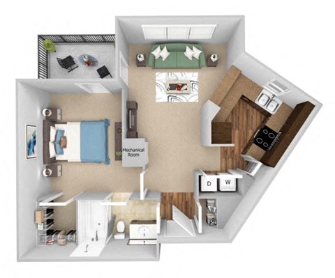 Parc at Grandview floor plan A2 Hazel - 1 bed 1 bath - 3D