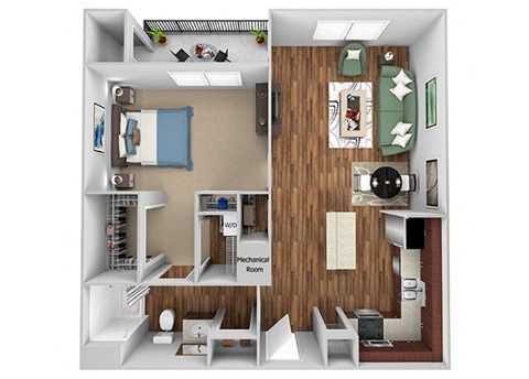 Glenbrook A2 floor plan 1 bed 1 bath 3D