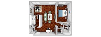 A2 floor plan 1 bedroom 1 bathroom 3D