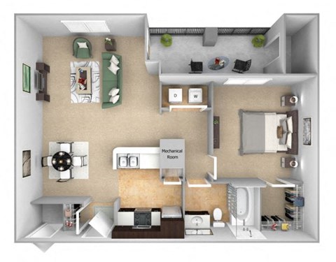 DeLayne at Twin Creeks A2 floor plan - 1 bed 1 bath - 3D