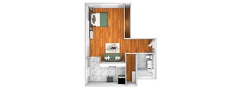 John Winthrop A2 floor plan studio 1 bath 3D