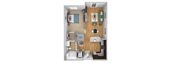 Urban Green Apartments A3 floor plan - 1 bed 1 bath - 3D