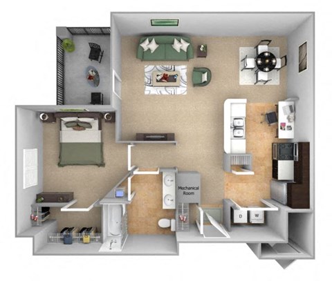 DeLayne at Twin Creeks A3 floor plan - 1 bed 1 bath - 3D