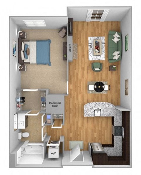 Urban Green Apartments A4 floor plan - 1 bed 1 bath - 3D