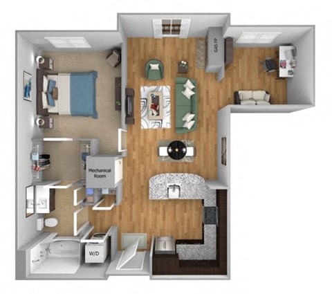 Urban Green Apartments A5 floor plan - 1 bed 1 bath - 3D