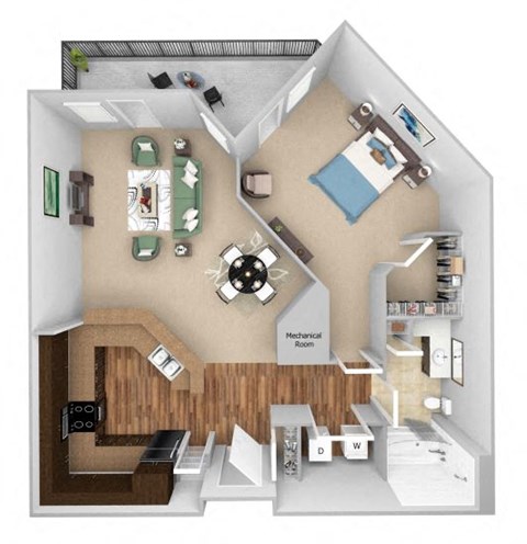 Parc at Grandview floor plan A5 Chiffon - 1 bed 1 bath - 3D