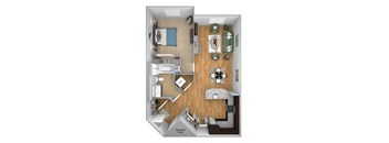Urban Green Apartments A6 floor plan - 1 bed 1 bath - 3D